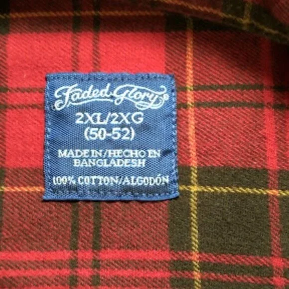 Faded Glory Mens 2XL Red/Black Plaid Long-sleeve Flannel Shirt Button Collar - Picture 10 of 12